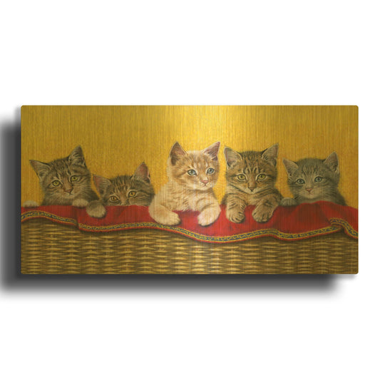 'Five Kittens In Basket' By Janet Pidoux Gold Metal Wall Art