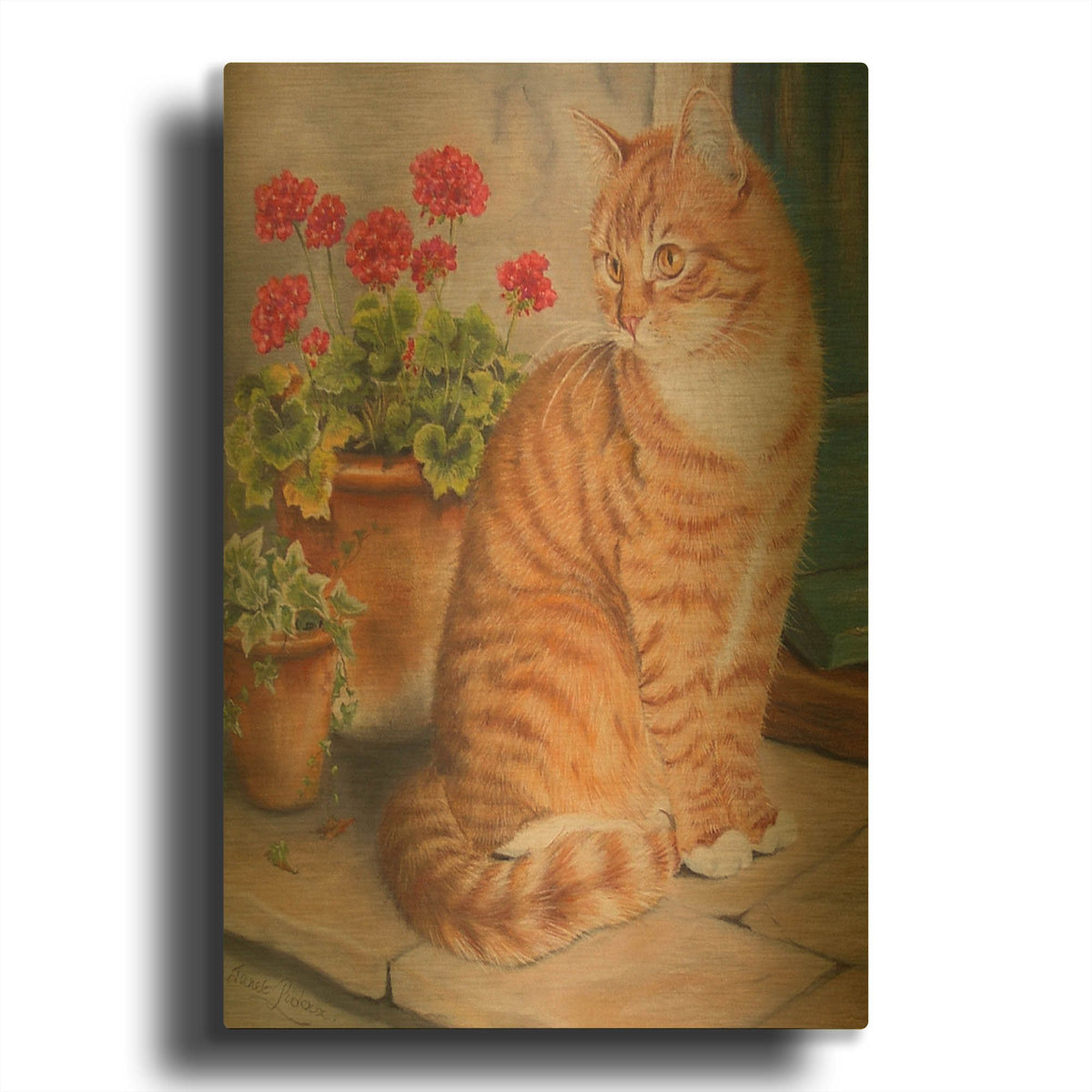 'Ginger Cat On Doorstep' By Janet Pidoux Gold Metal Wall Art