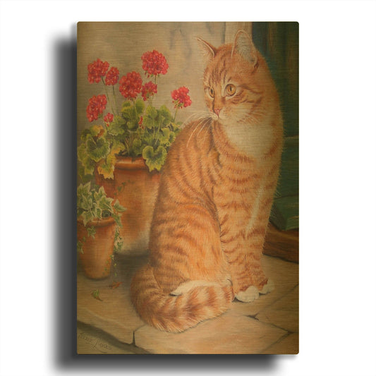 'Ginger Cat On Doorstep' By Janet Pidoux Gold Metal Wall Art