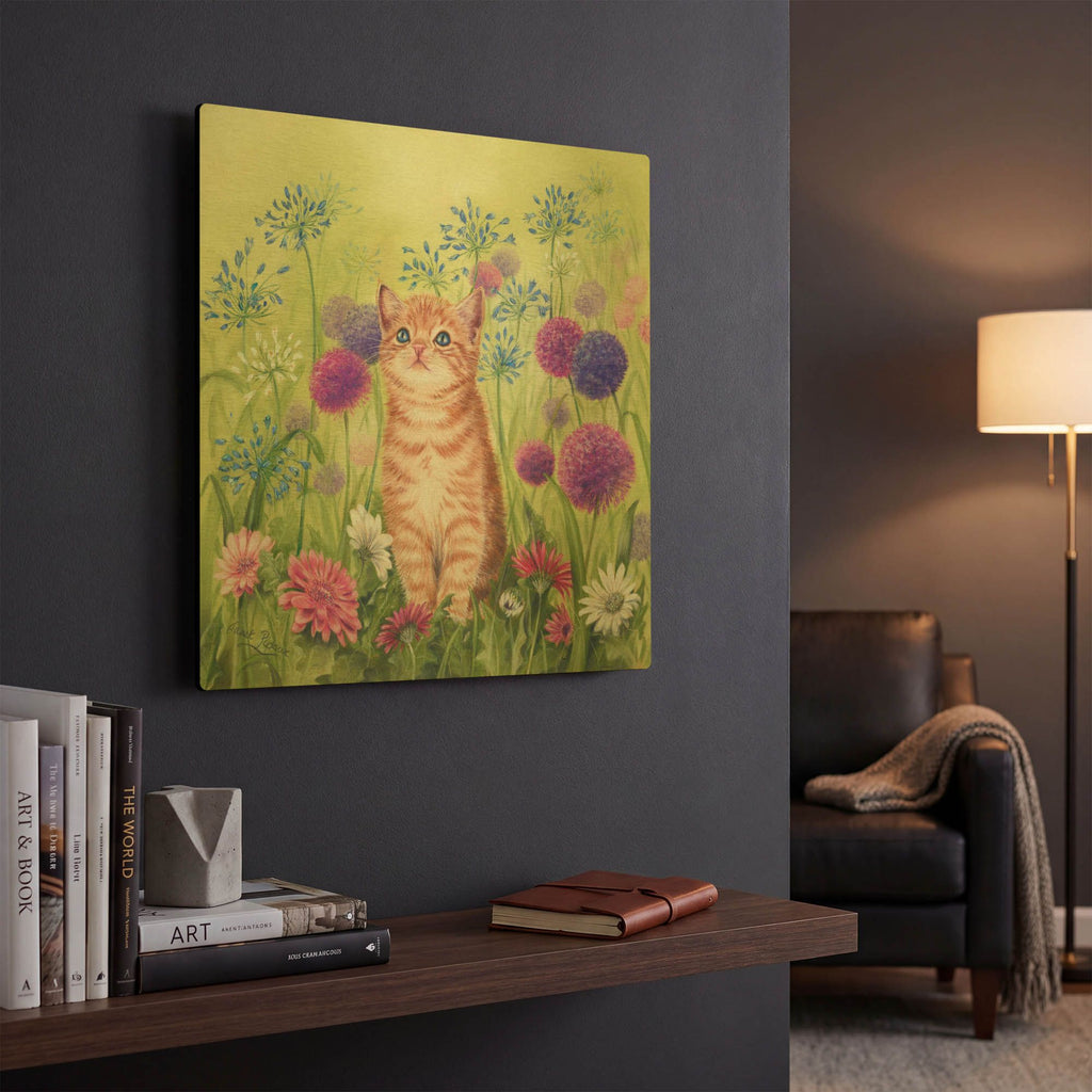 'Ginger Kitten In Flowers' By Janet Pidoux Gold Metal Wall Art