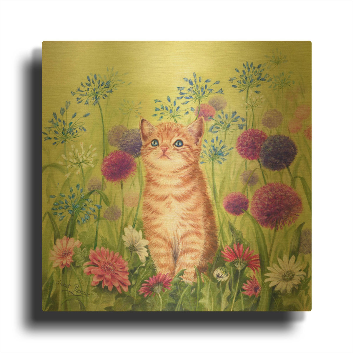 'Ginger Kitten In Flowers' By Janet Pidoux Gold Metal Wall Art