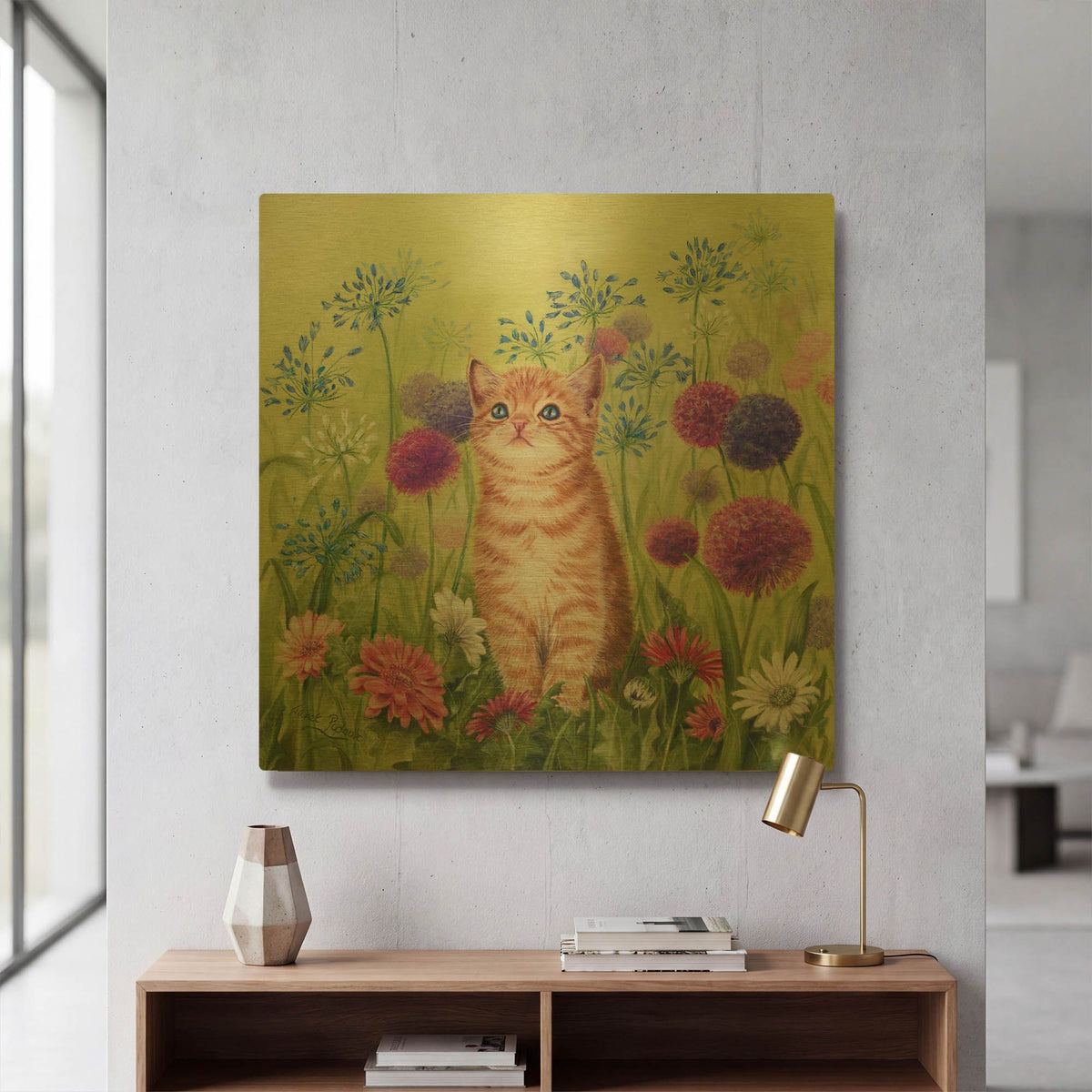 'Ginger Kitten In Flowers' By Janet Pidoux Gold Metal Wall Art