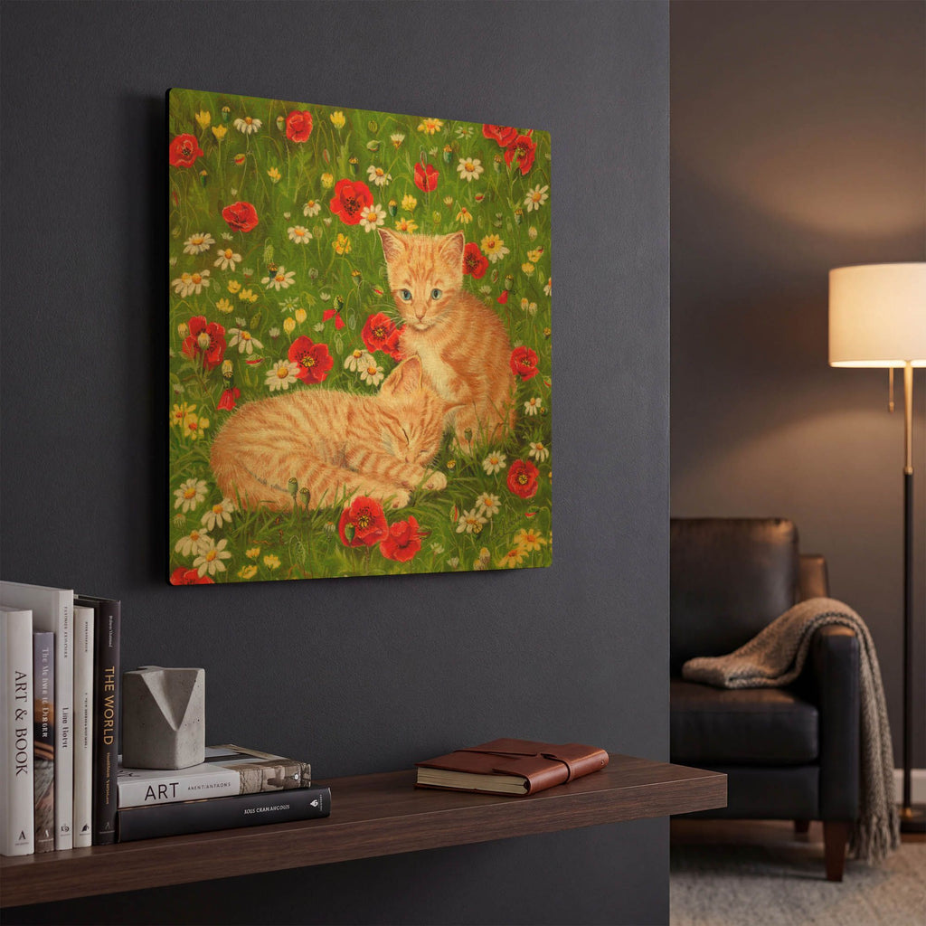 'Ginger Kittens In Red Poppies' By Janet Pidoux Gold Metal Wall Art