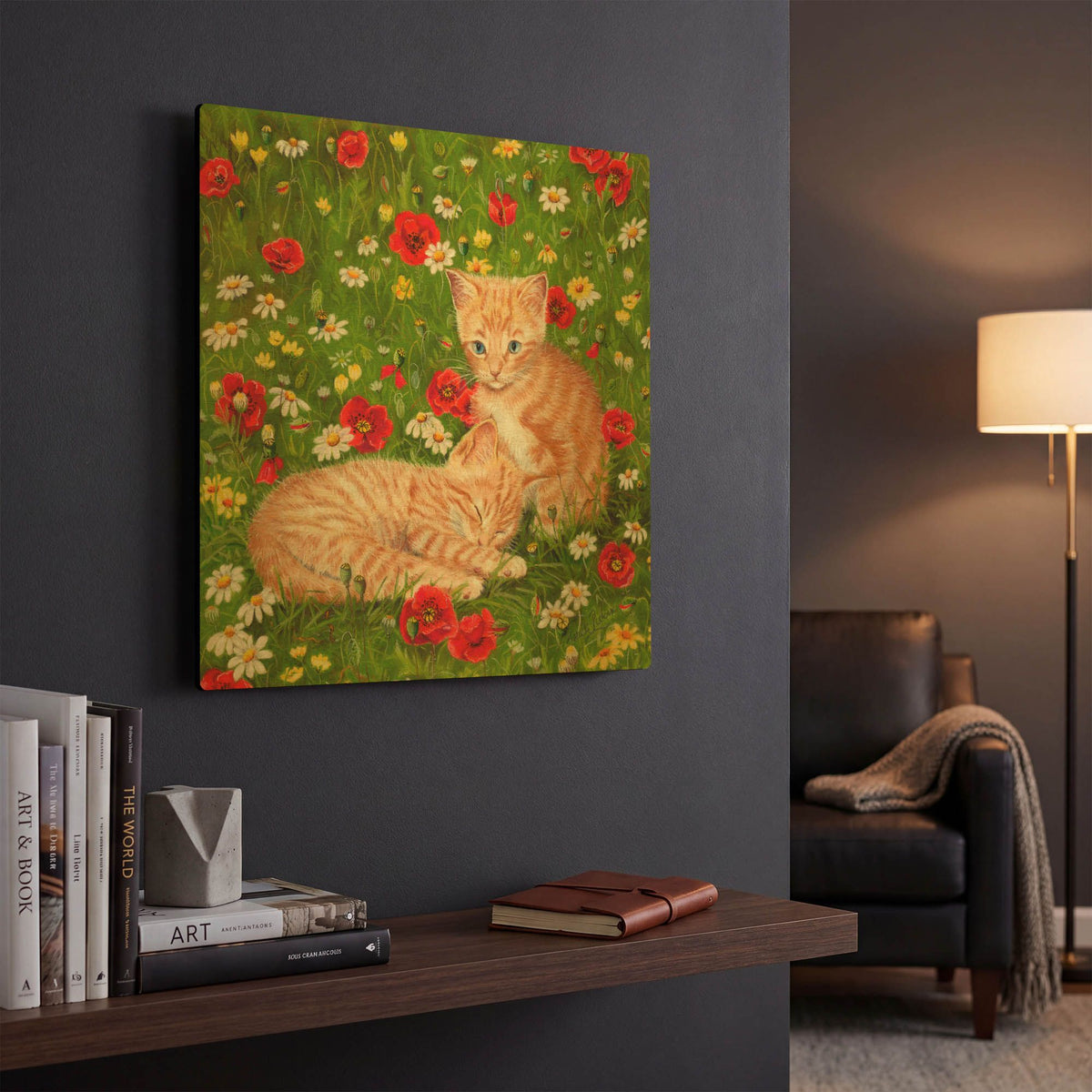 'Ginger Kittens In Red Poppies' By Janet Pidoux Gold Metal Wall Art