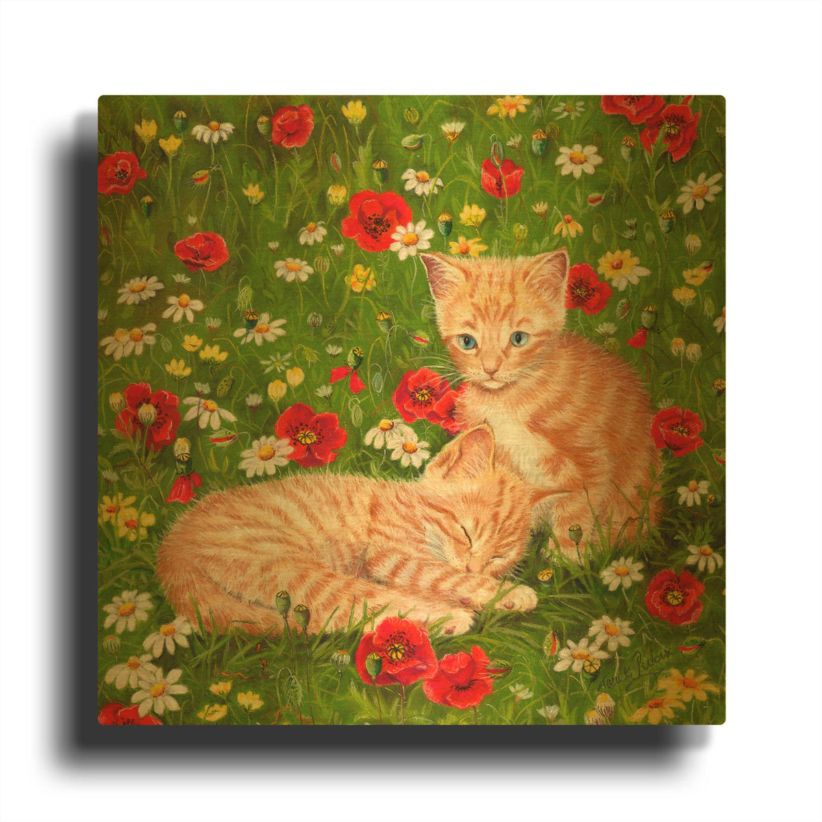 'Ginger Kittens In Red Poppies' By Janet Pidoux Gold Metal Wall Art