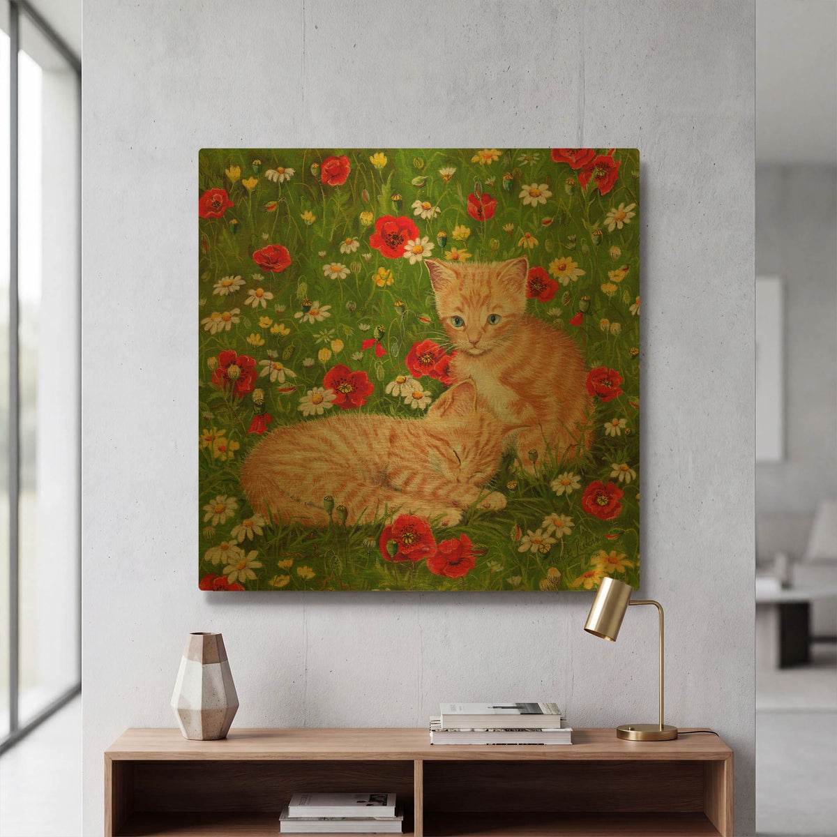 'Ginger Kittens In Red Poppies' By Janet Pidoux Gold Metal Wall Art