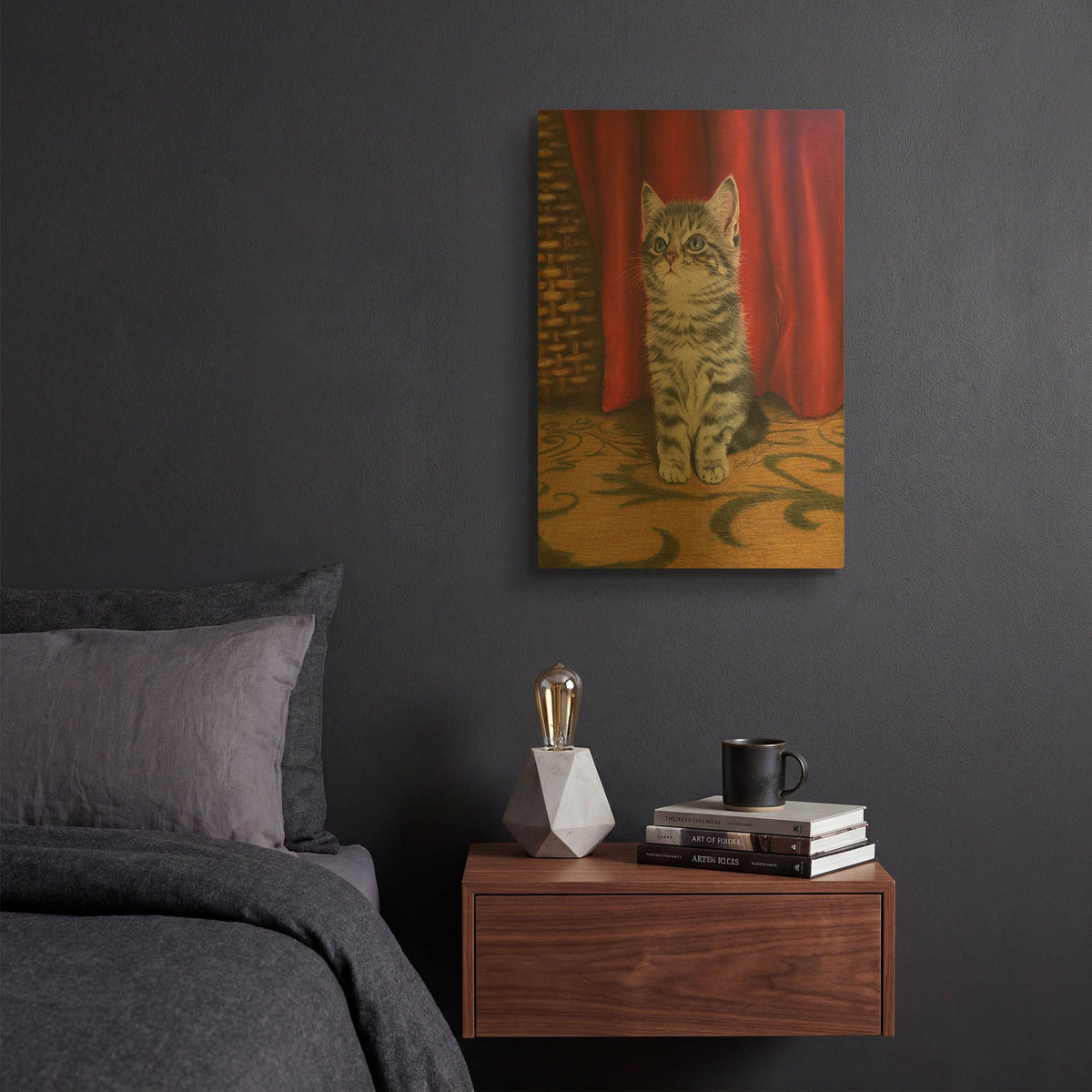 'Grey Kitten And Red Curtain' By Janet Pidoux Gold Metal Wall Art