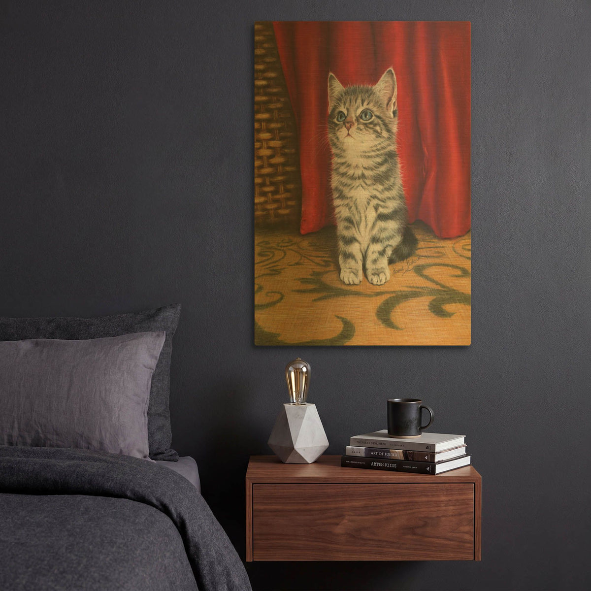 'Grey Kitten And Red Curtain' By Janet Pidoux Gold Metal Wall Art