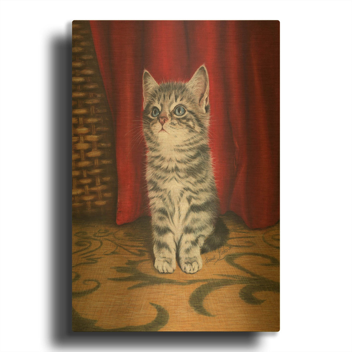 'Grey Kitten And Red Curtain' By Janet Pidoux Gold Metal Wall Art