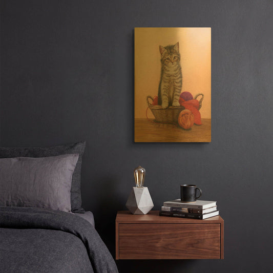 'Kitten And Wool Basket' By Janet Pidoux Gold Metal Wall Art