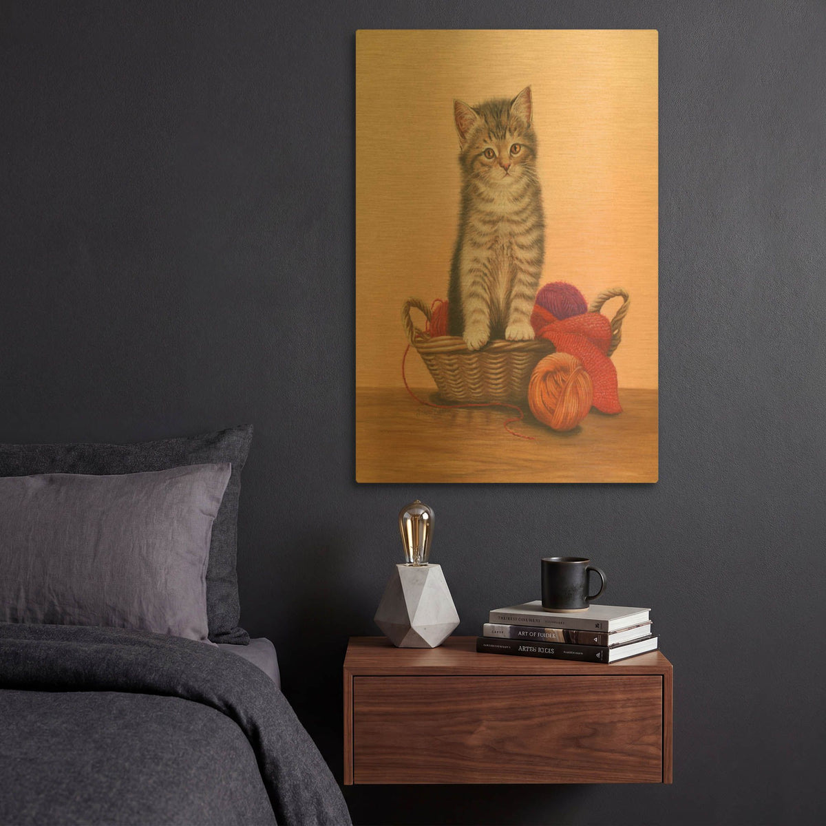 'Kitten And Wool Basket' By Janet Pidoux Gold Metal Wall Art