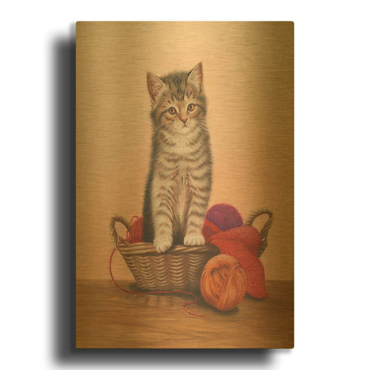 'Kitten And Wool Basket' By Janet Pidoux Gold Metal Wall Art