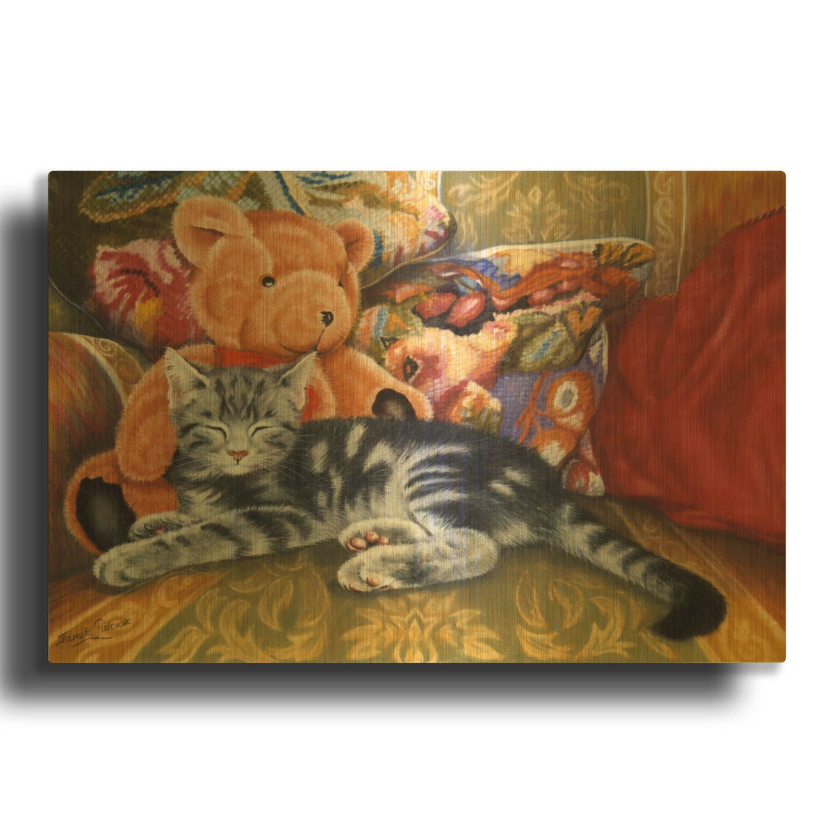 'Kitten, Teddy & Cushions' By Janet Pidoux Gold Metal Wall Art