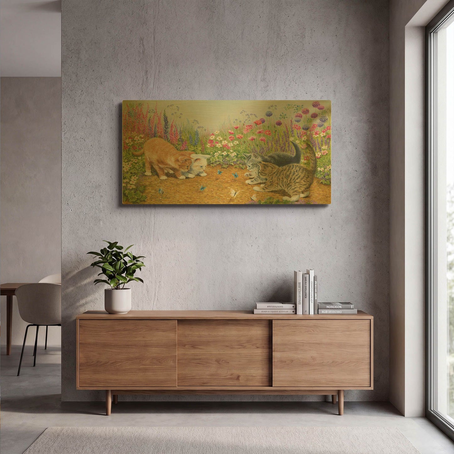 'Kittens And Butterflies' By Janet Pidoux Gold Metal Wall Art