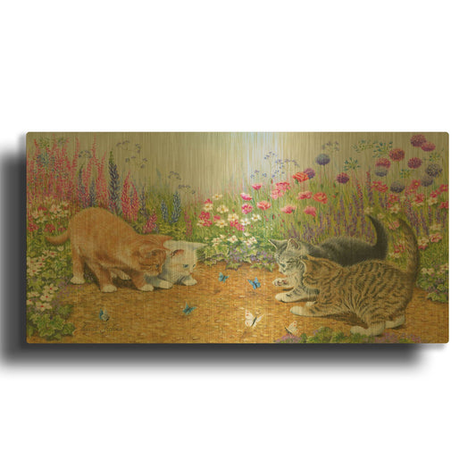 'Kittens And Butterflies' By Janet Pidoux Gold Metal Wall Art