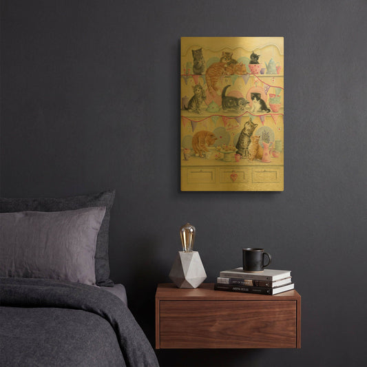'Kittens On Dresser' By Janet Pidoux Gold Metal Wall Art