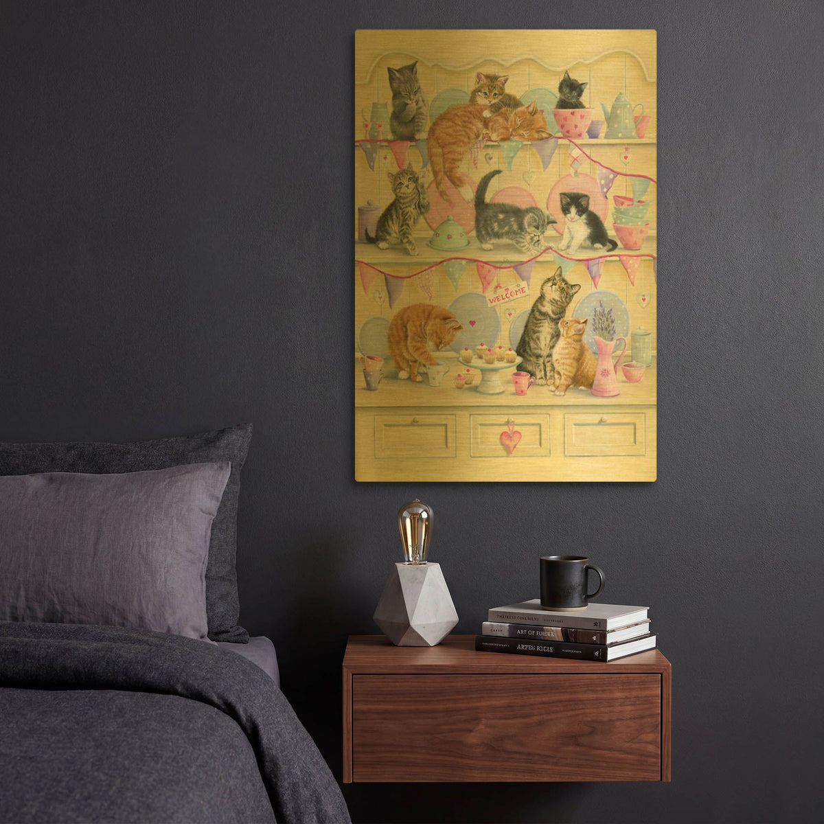 'Kittens On Dresser' By Janet Pidoux Gold Metal Wall Art
