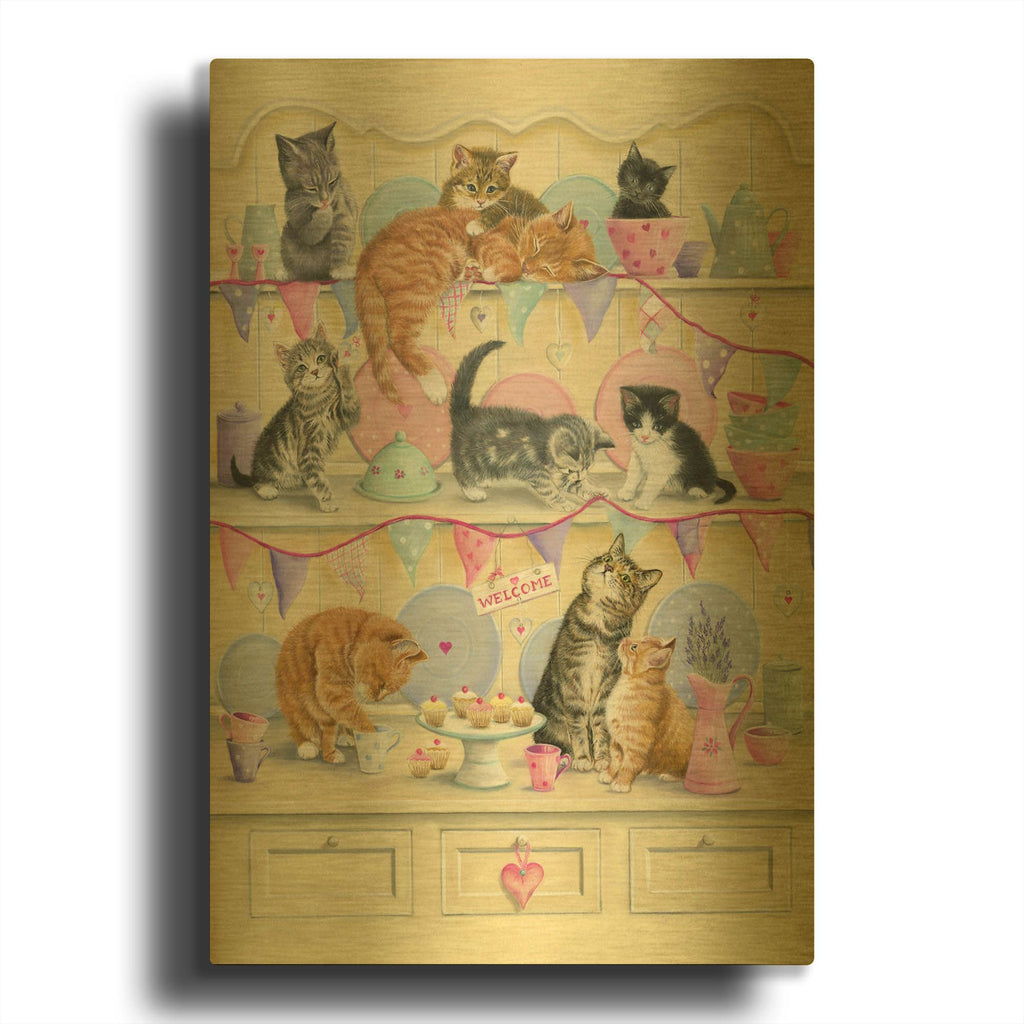 'Kittens On Dresser' By Janet Pidoux Gold Metal Wall Art