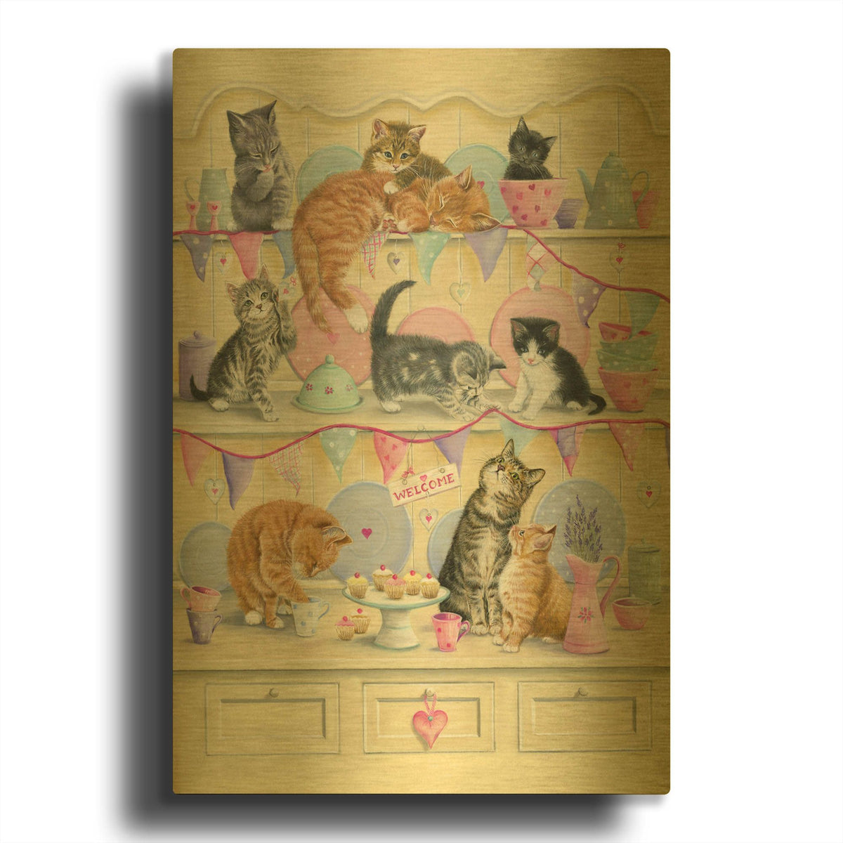 'Kittens On Dresser' By Janet Pidoux Gold Metal Wall Art