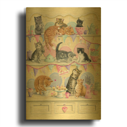 'Kittens On Dresser' By Janet Pidoux Gold Metal Wall Art