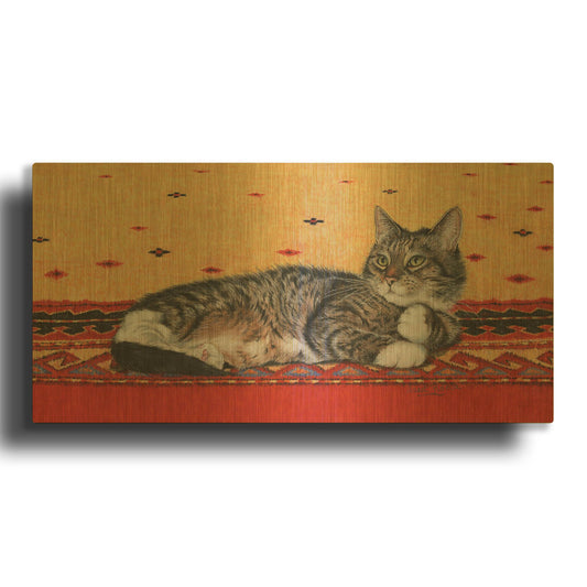 'Sam On Patterned Rug' By Janet Pidoux Gold Metal Wall Art