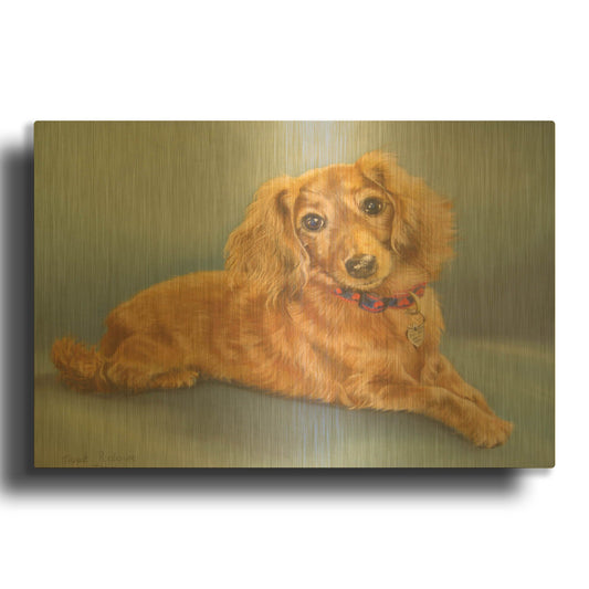 'Sophie, Blue Background' By Janet Pidoux Gold Metal Wall Art
