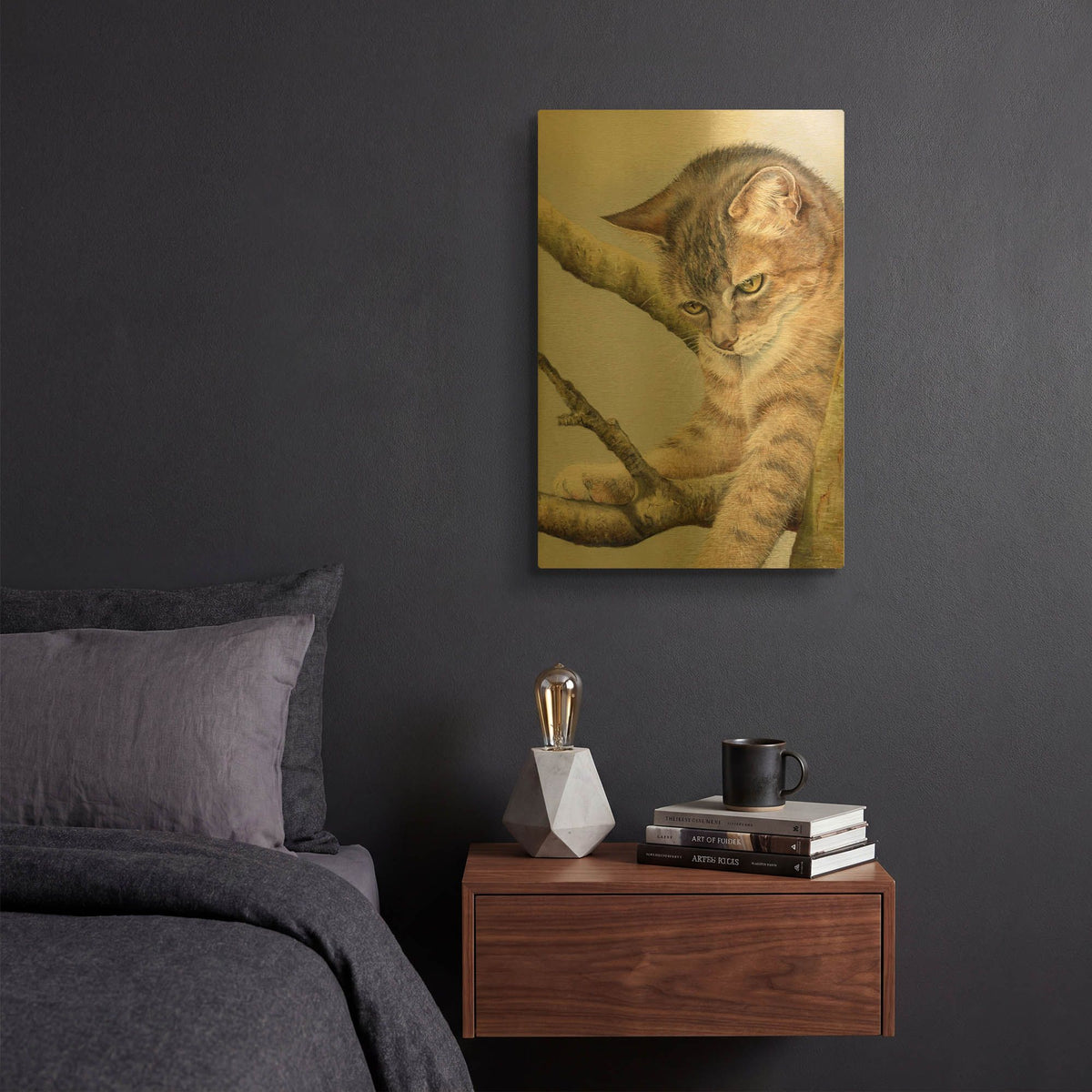 'Tabby In Tree' By Janet Pidoux Gold Metal Wall Art