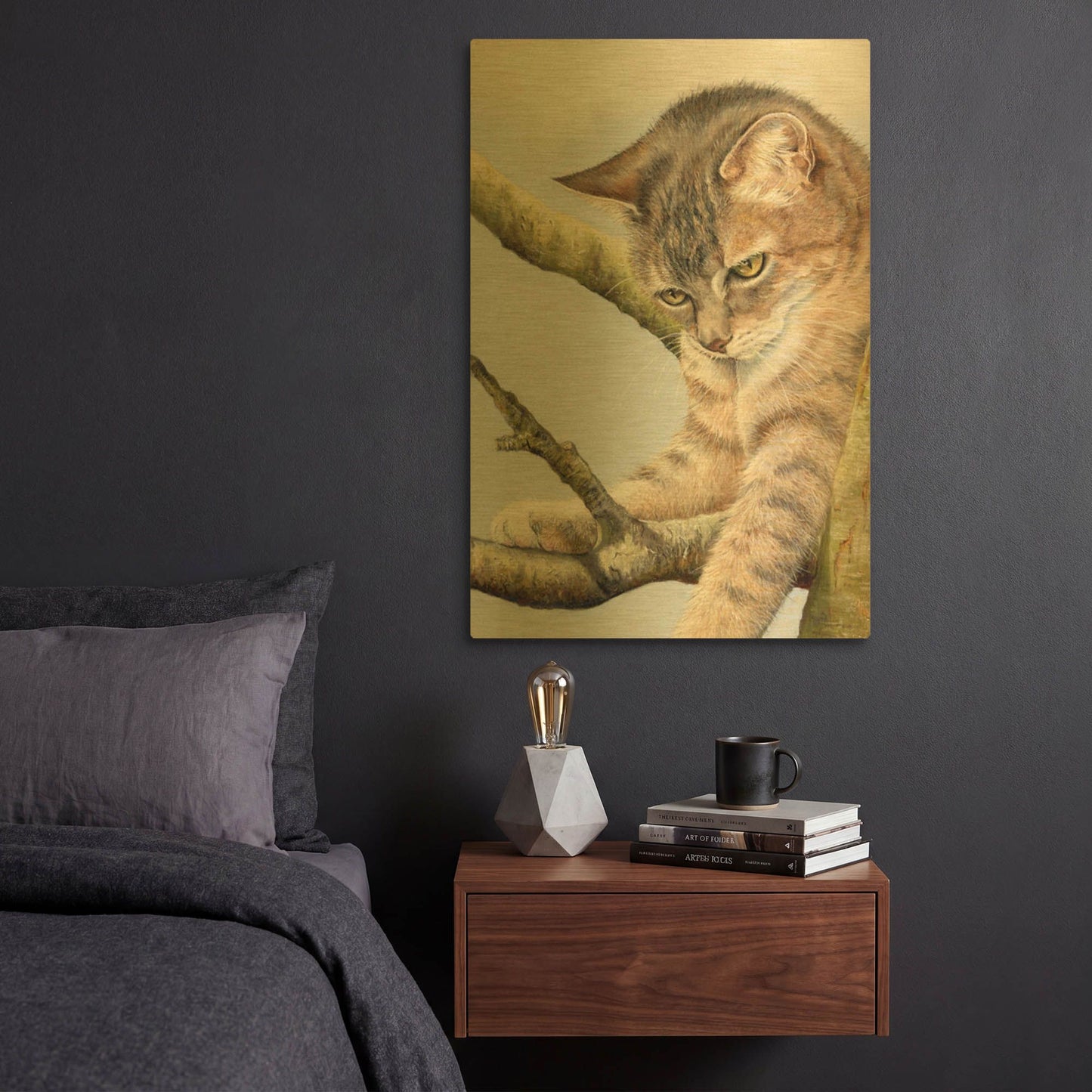'Tabby In Tree' By Janet Pidoux Gold Metal Wall Art