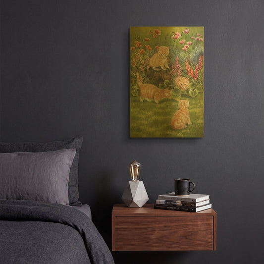 'Kittens In The Garden' By Janet Pidoux Gold Metal Wall Art