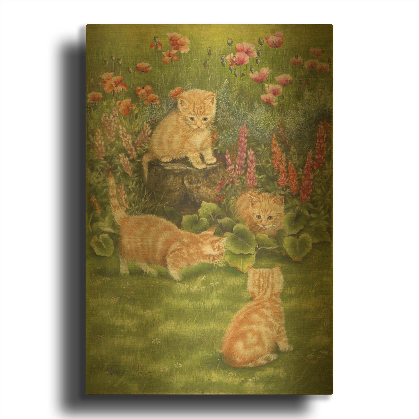 'Kittens In The Garden' By Janet Pidoux Gold Metal Wall Art