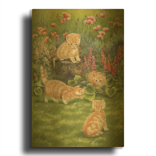 'Kittens In The Garden' By Janet Pidoux Gold Metal Wall Art