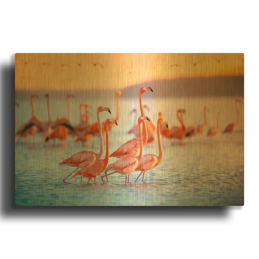 'Wading Flamingos' By Jonathan Ross Gold Metal Wall Art
