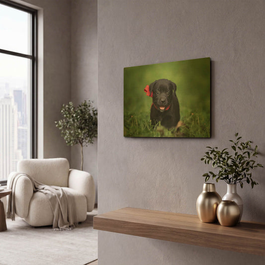 'Black Lab Pup 10' By Jonathan Ross Gold Metal Wall Art