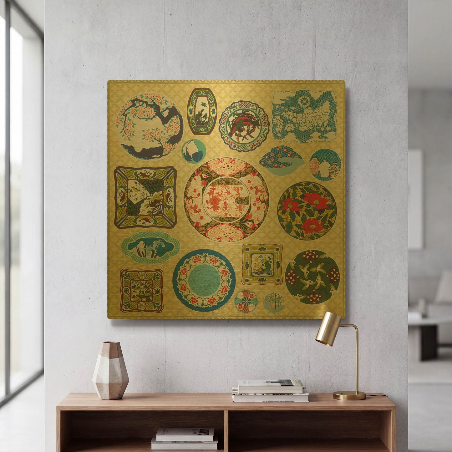 'Japanese Antique Plates' By Zigen Tanabe Gold Metal Wall Art