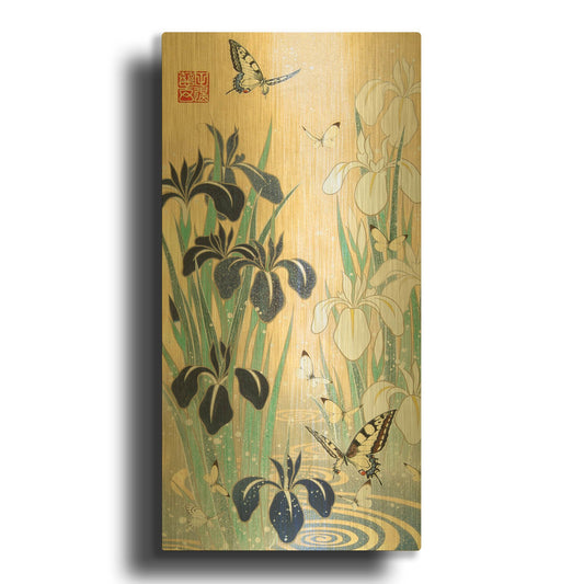 'Iris and Butterfly' By Zigen Tanabe Gold Metal Wall Art