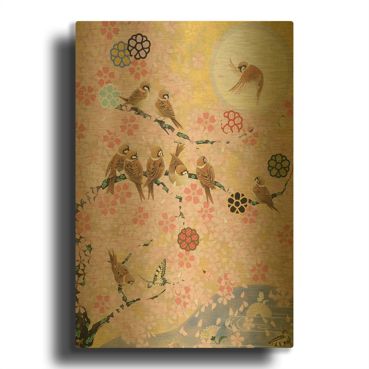 'Jolly Sparrows' By Zigen Tanabe Gold Metal Wall Art