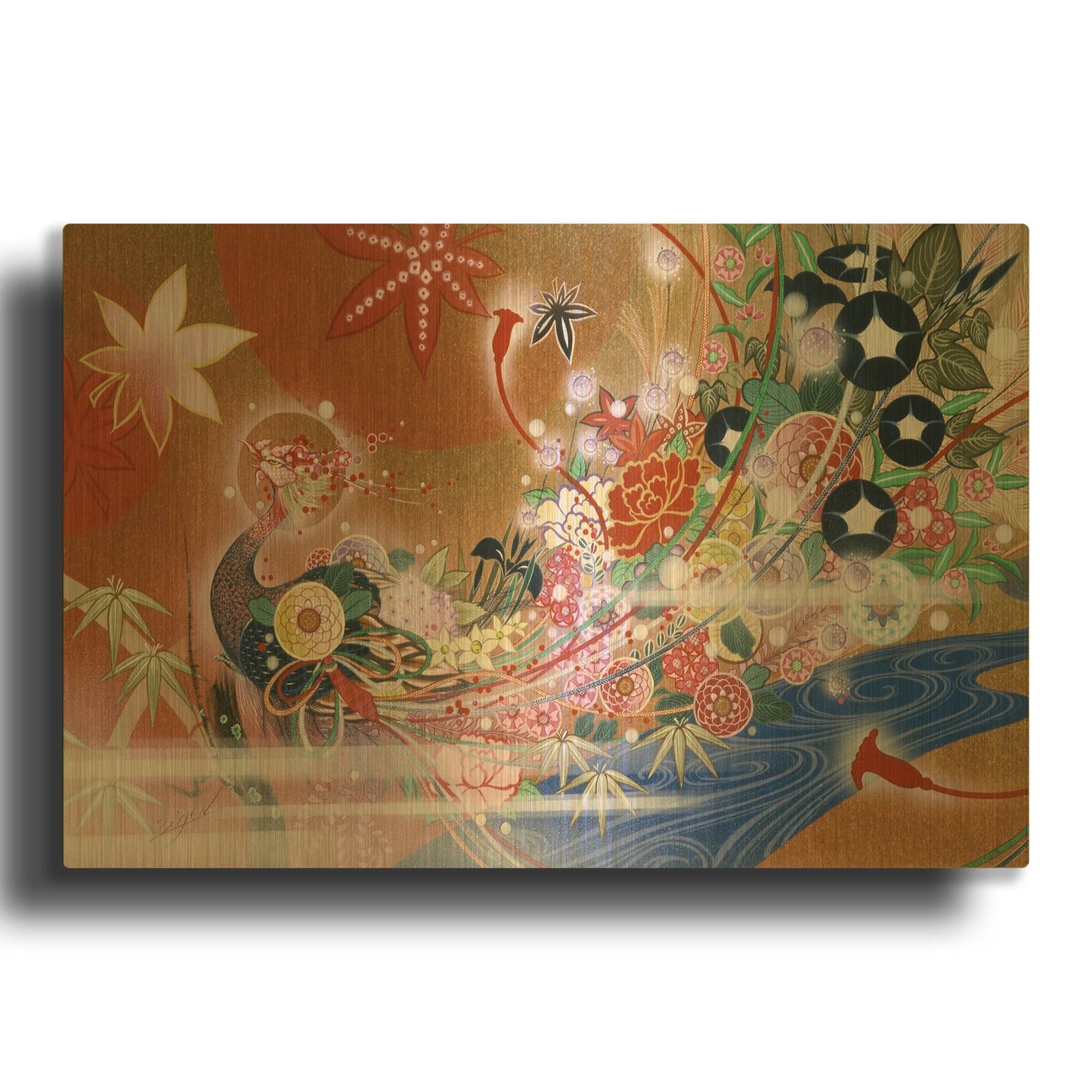 'Flowers Peacock' By Zigen Tanabe Gold Metal Wall Art