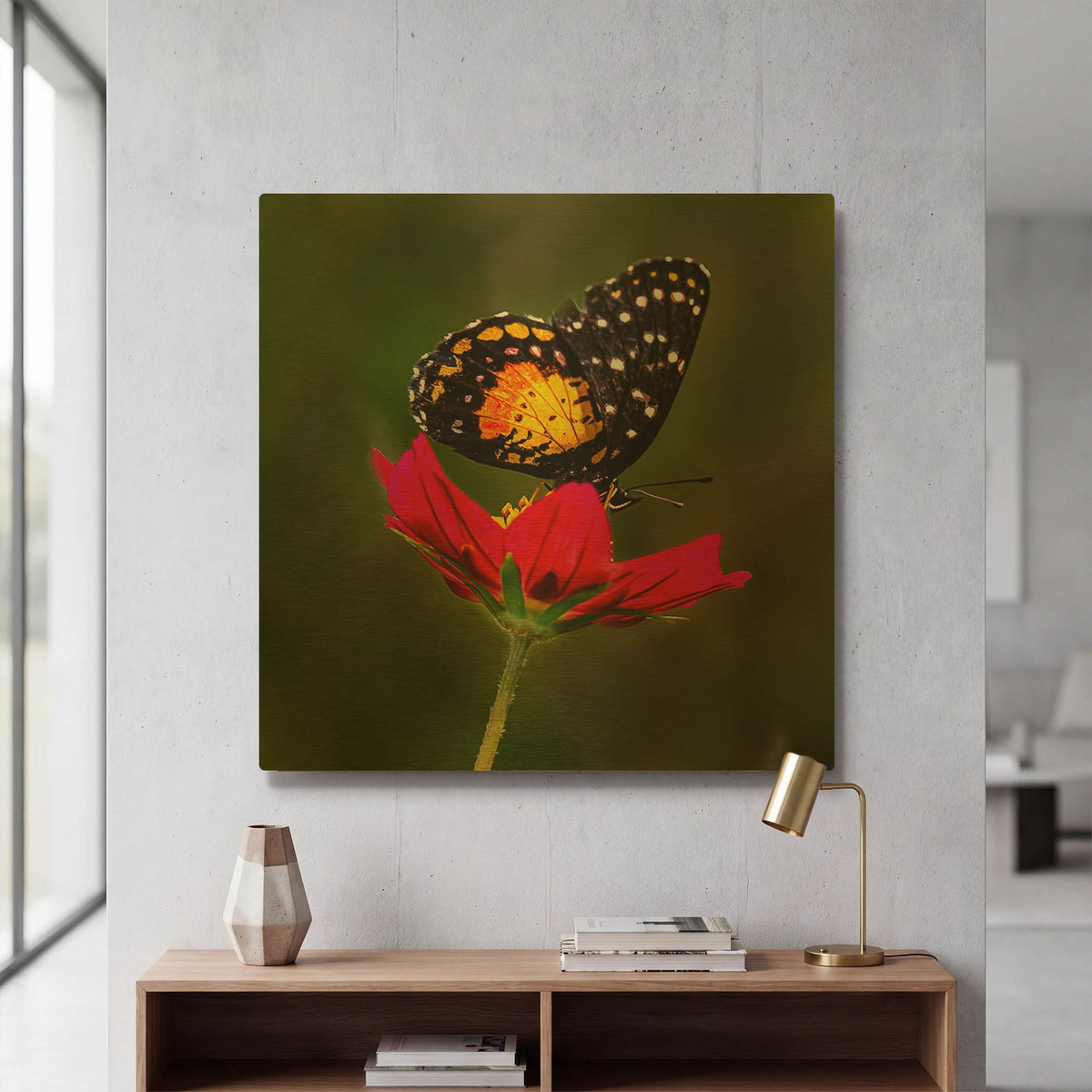 'Monarch Butterfly On Red Flower' By Pamela Plummer Gold Metal Wall Art
