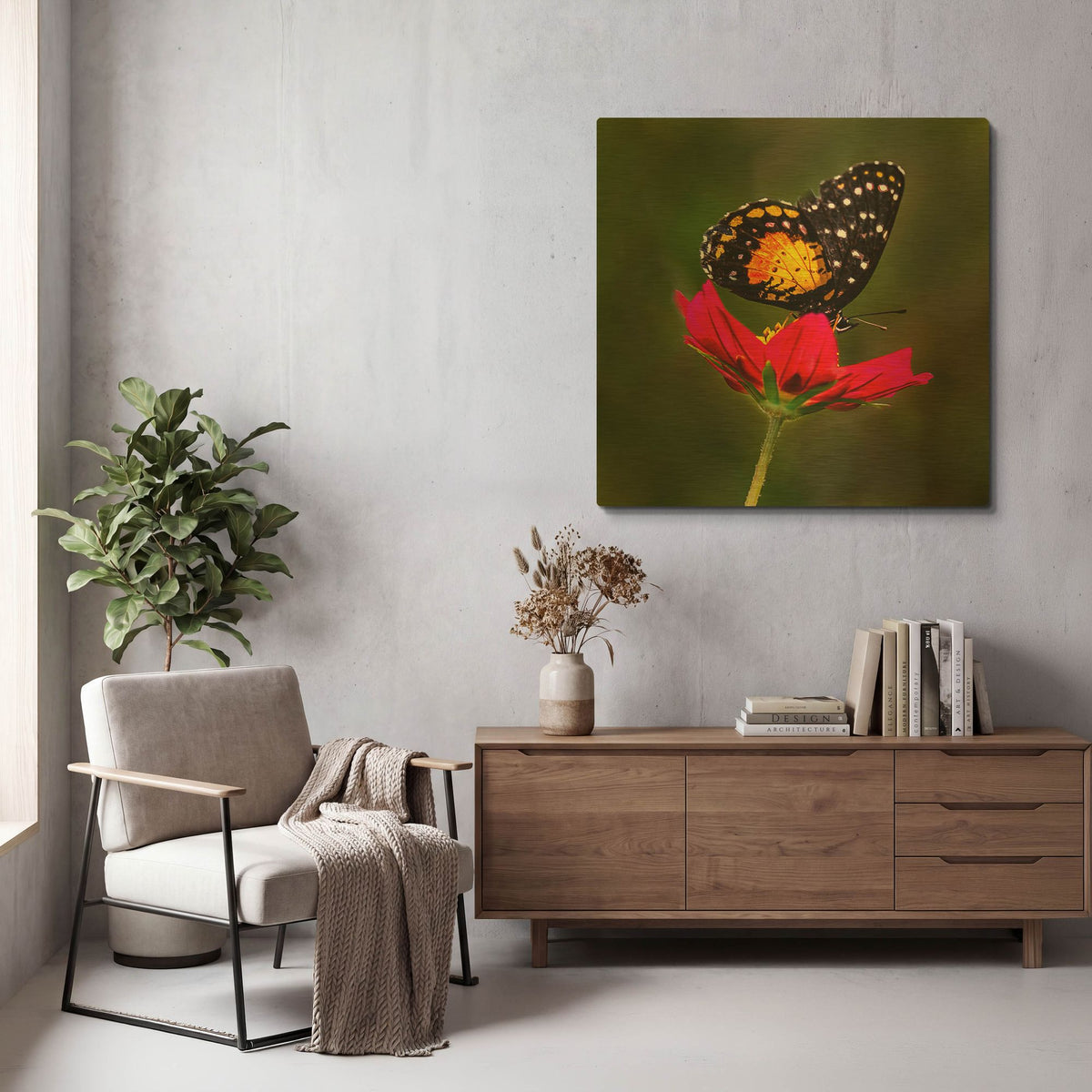'Monarch Butterfly On Red Flower' By Pamela Plummer Gold Metal Wall Art