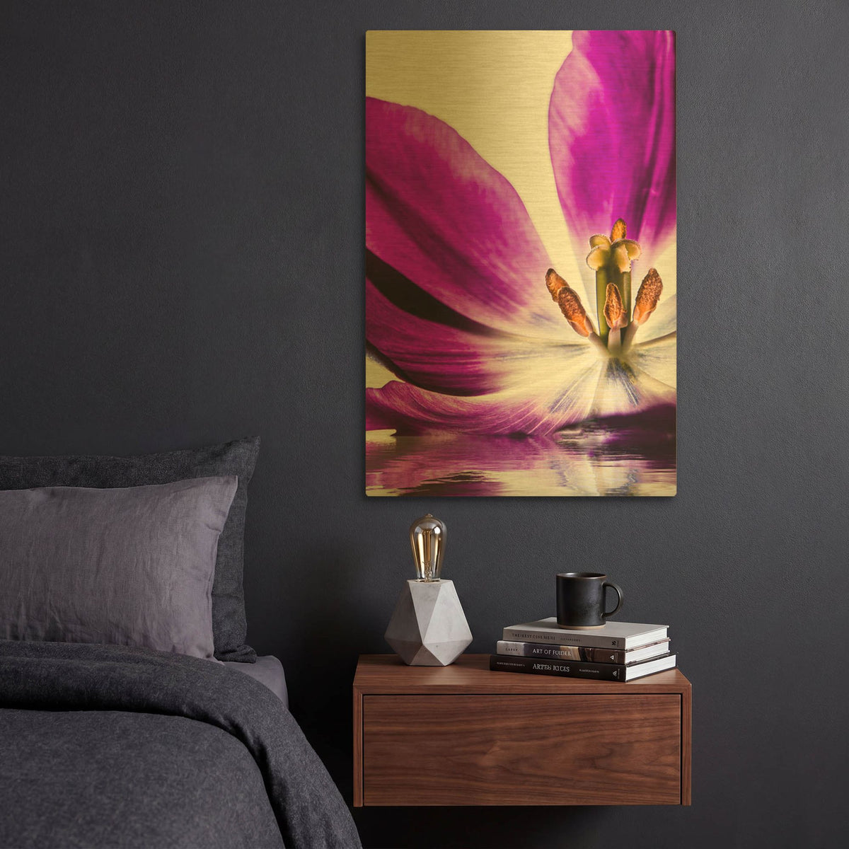 'Purple Tulip Reflection' By Pamela Plummer Gold Metal Wall Art