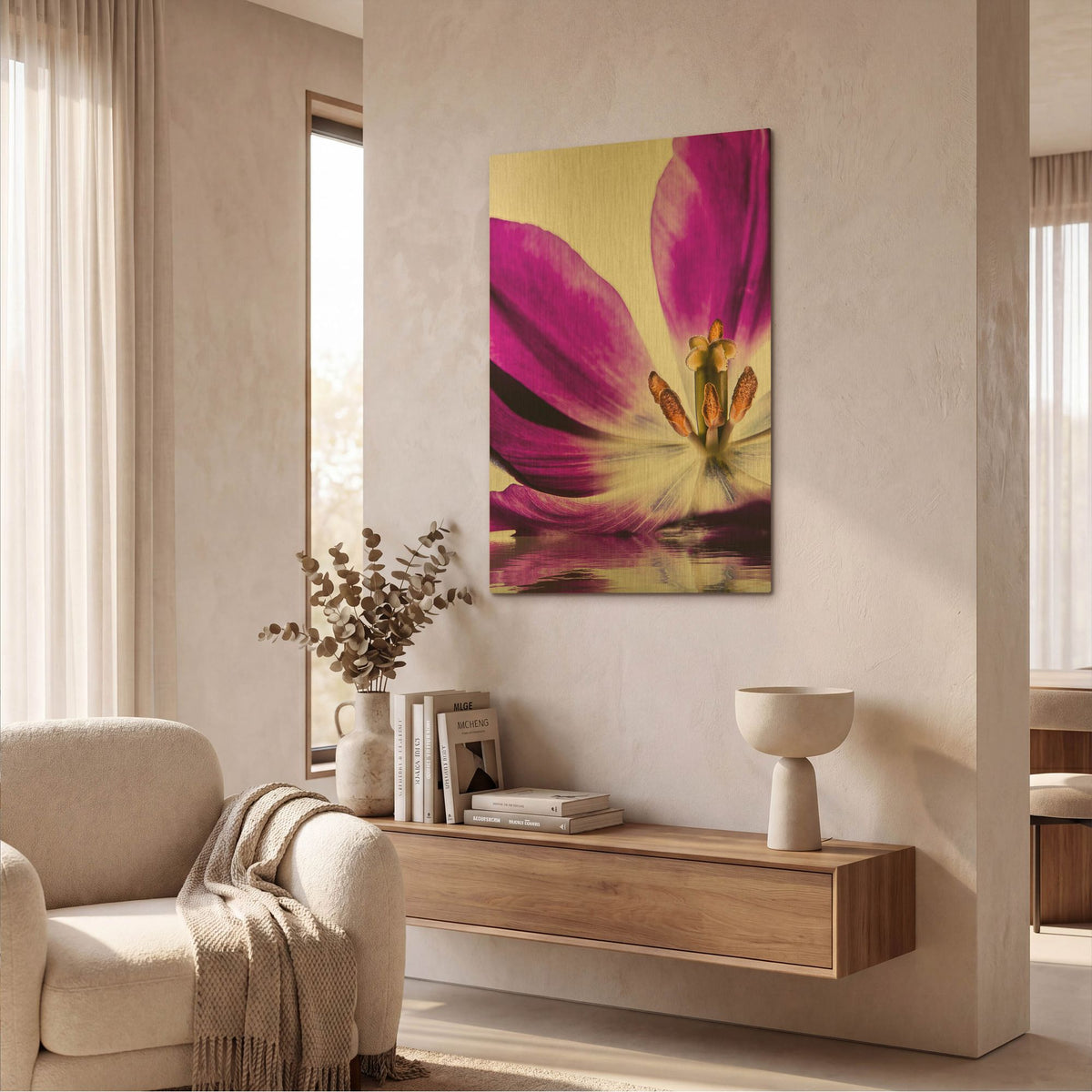 'Purple Tulip Reflection' By Pamela Plummer Gold Metal Wall Art