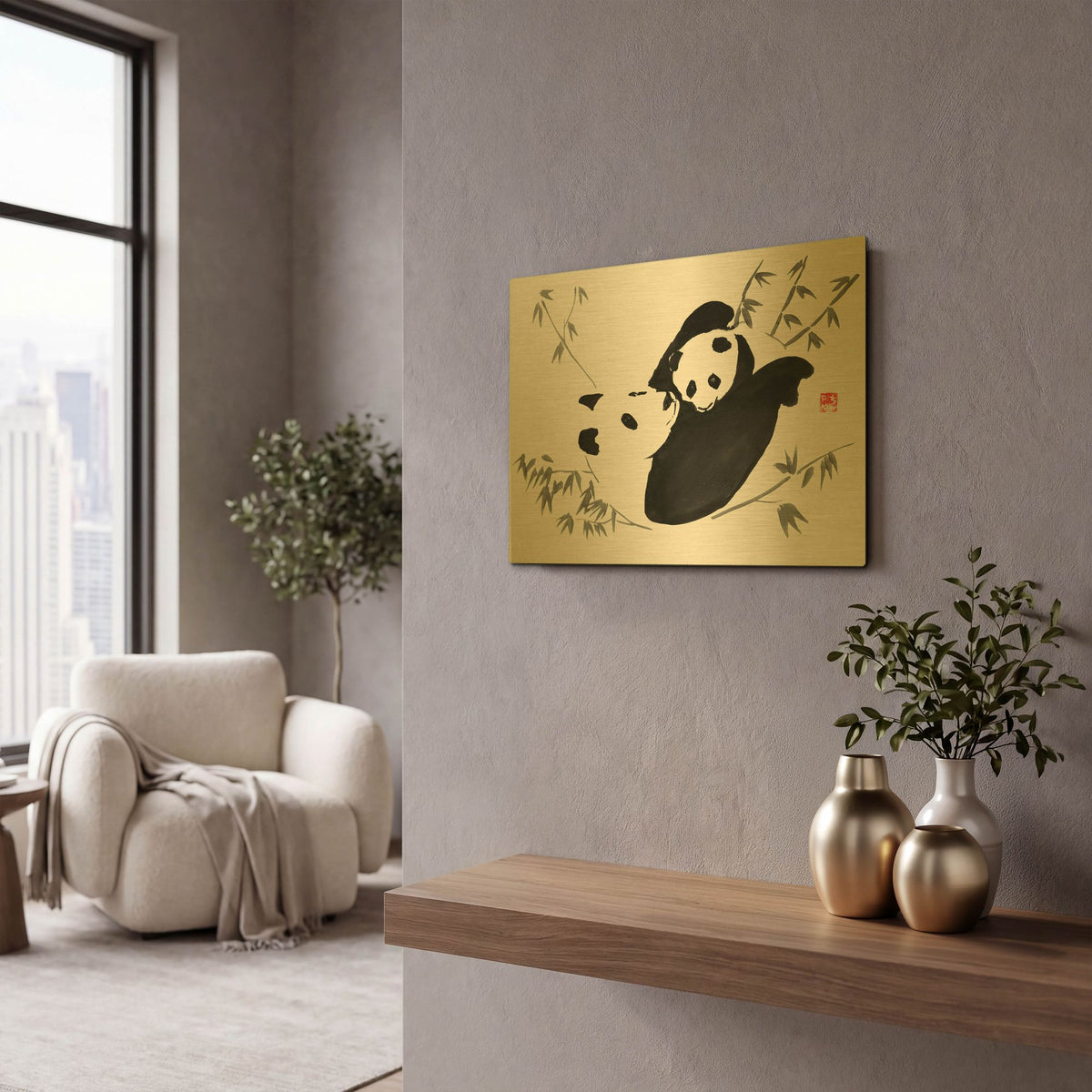'Panda Family' By Pechane Gold Metal Wall Art
