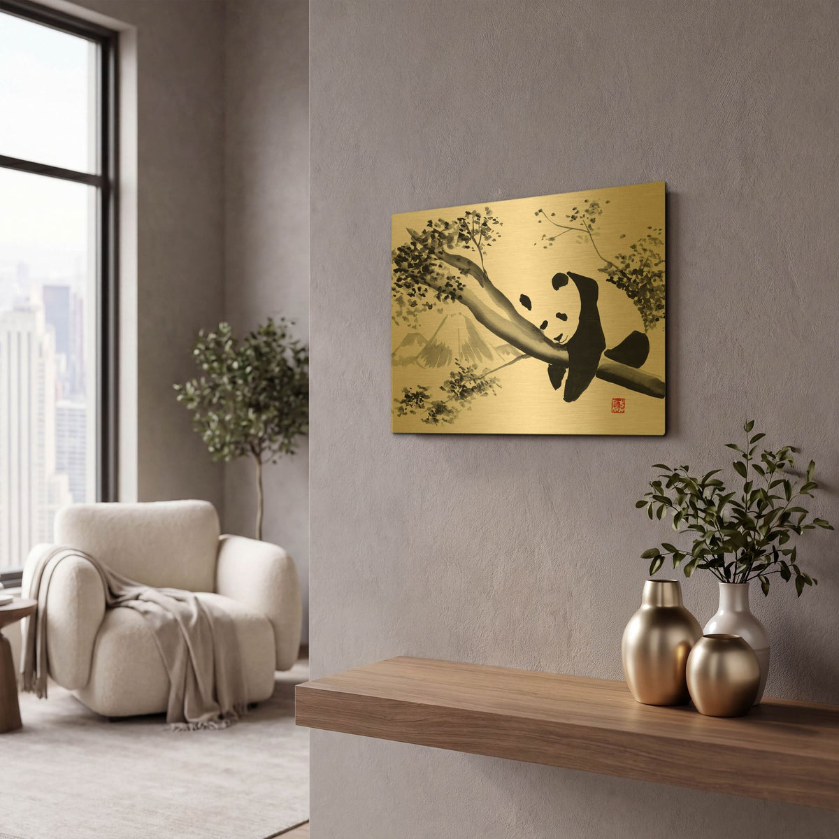 'Panda In His Tree' By Pechane Gold Metal Wall Art