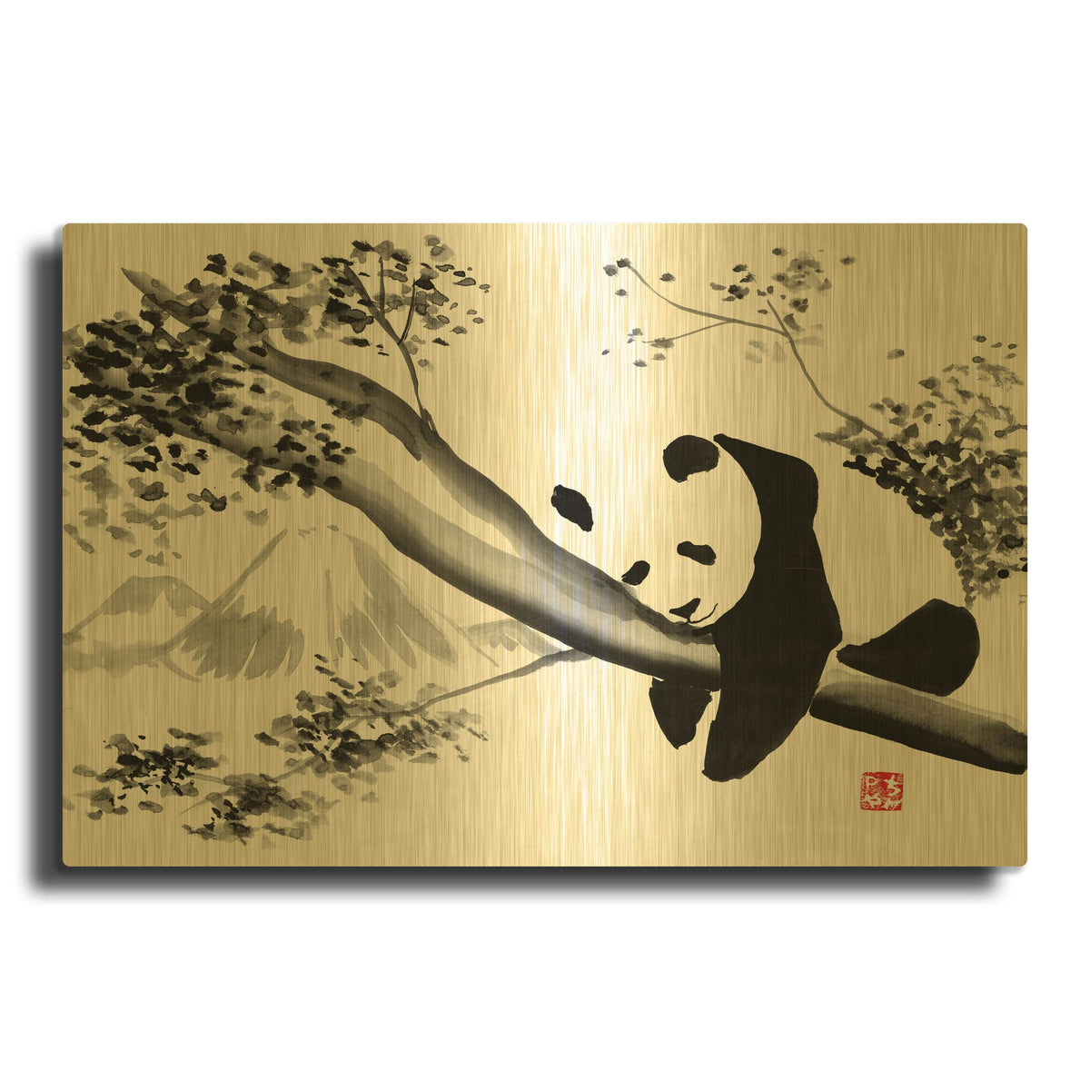 'Panda In His Tree' By Pechane Gold Metal Wall Art