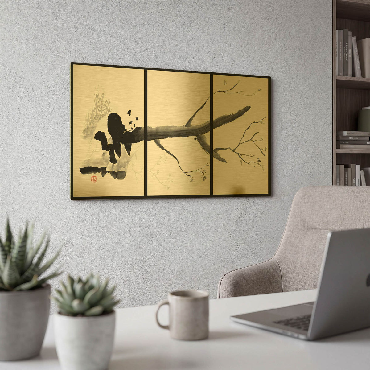 'Panda Tryptique' By Pechane Gold Metal Wall Art