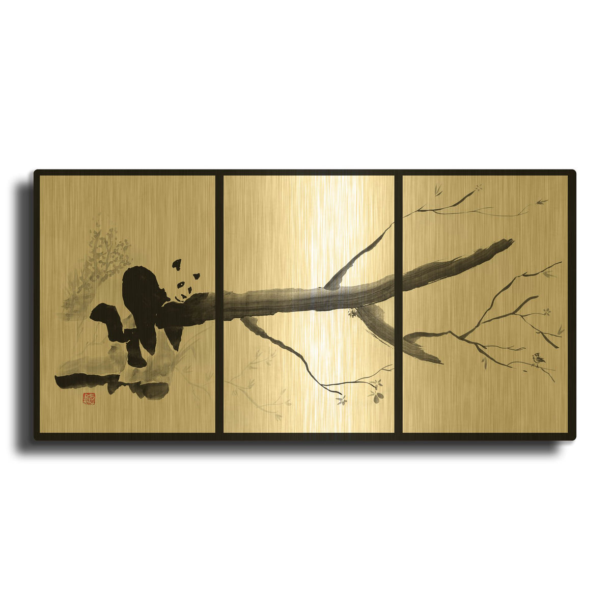 'Panda Tryptique' By Pechane Gold Metal Wall Art