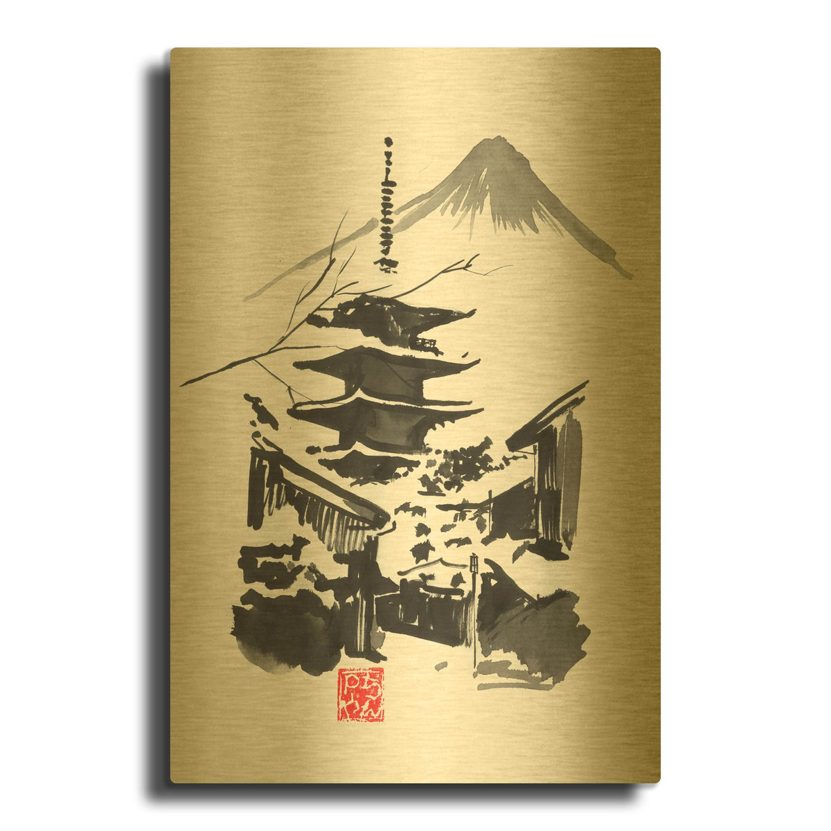 'Fuji San And Temple' By Pechane Gold Metal Wall Art