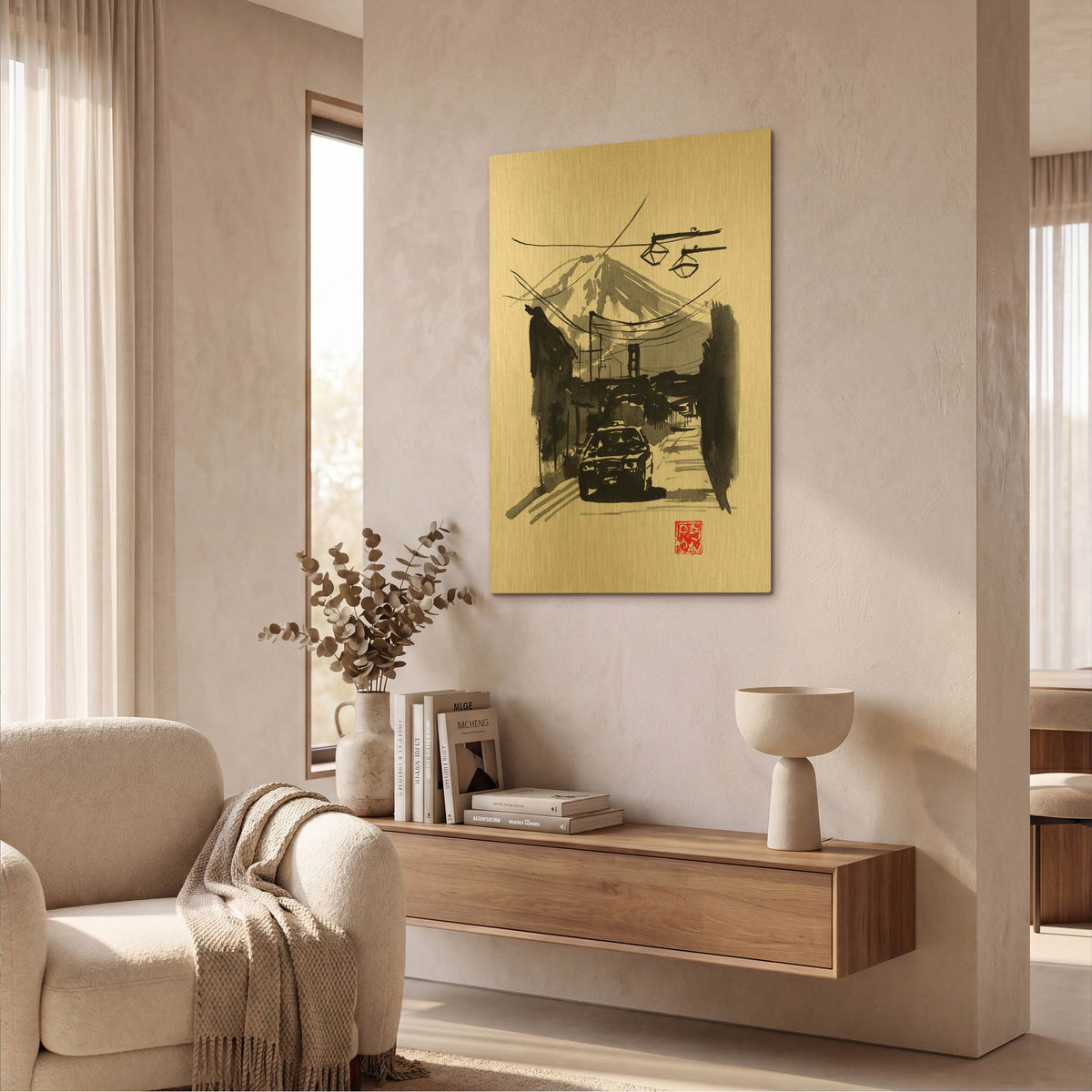 'Fujiyoshida And Car' By Pechane Gold Metal Wall Art