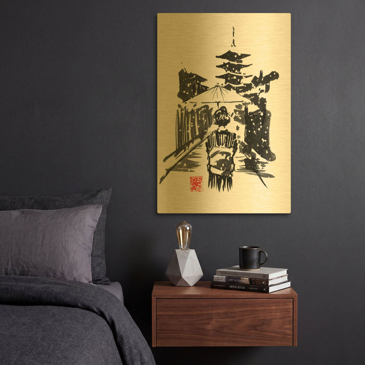 'Geisha In The Snow' By Pechane Gold Metal Wall Art