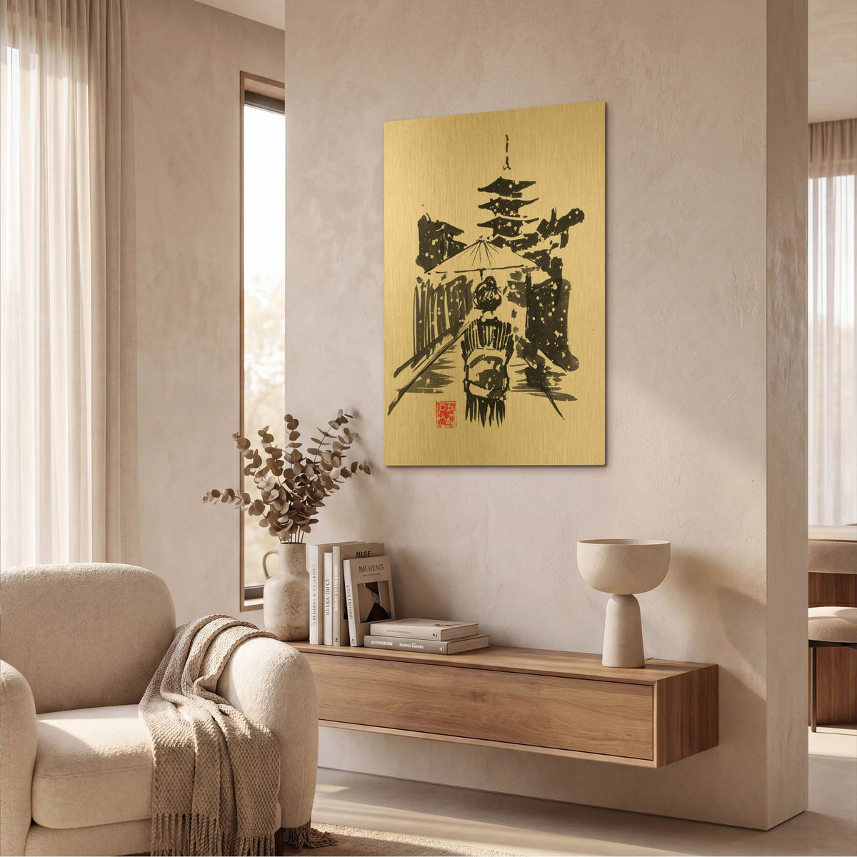 'Geisha In The Snow' By Pechane Gold Metal Wall Art